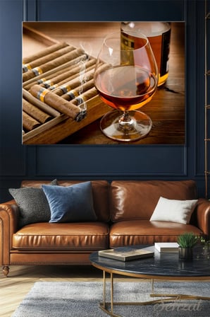 Yatay Tekli Kanvas Duvar Tablosu Modern Salon Mutfak Yatak Odası Ofis Küba Puro İçki Kadeh Viski