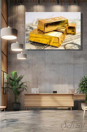 Yatay Tekli Kanvas Duvar Tablosu Modern Salon Yatak Odası Ofis Finans Külçe Altın Dolar Yatırım İş