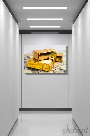 Yatay Tekli Kanvas Duvar Tablosu Modern Salon Yatak Odası Ofis Finans Külçe Altın Dolar Yatırım İş