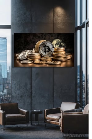 Panoramik Yatay Tekli Kanvas Duvar Tablosu Modern Ofis 3D Bitcoin Sanal Para Altın Gümüş Finans İş