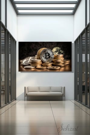 Panoramik Yatay Tekli Kanvas Duvar Tablosu Modern Ofis 3D Bitcoin Sanal Para Altın Gümüş Finans İş