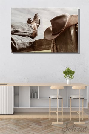 Yatay Tekli Kanvas Duvar Tablosu Modern Salon Yatak Odası Ofis Kovboy Şapka Çizme Vahşi Batı