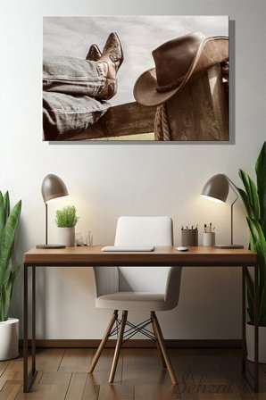 Yatay Tekli Kanvas Duvar Tablosu Modern Salon Yatak Odası Ofis Kovboy Şapka Çizme Vahşi Batı