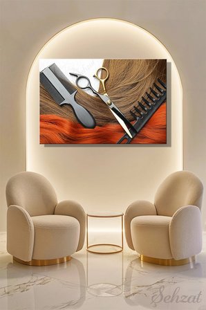 Yatay Tekli Kanvas Duvar Tablosu Modern Kuaför Güzellik Salonu Makyaj Saç Kesim Makas Tarak İş