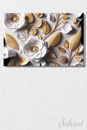 Yatay Tekli Kanvas Duvar Tablosu Modern Salon Mutfak Yatak Odası Ofis 3D Altın Sarı Floral Çiçekler