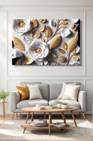 Yatay Tekli Kanvas Duvar Tablosu Modern Salon Mutfak Yatak Odası Ofis 3D Altın Sarı Floral Çiçekler