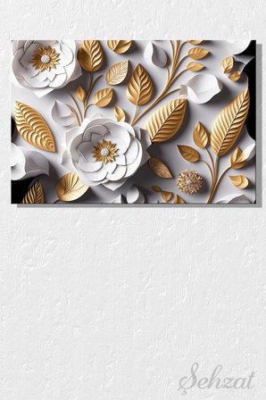 Yatay Tekli Kanvas Duvar Tablosu Modern Salon Mutfak Yatak Odası Ofis 3D Altın Sarı Floral Çiçekler