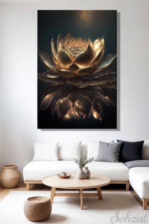 Dikey Tekli Kanvas Duvar Tablosu Modern Salon Mutfak Yatak Odası Ofis Lotus Altın Renk Çiçek Floral