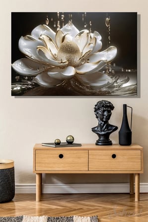 Yatay Tekli Kanvas Duvar Tablosu Salon Mutfak Yatak Odası Ofis Altın Damlalı Beyaz Çiçek Lotus 3D