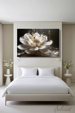 Yatay Tekli Kanvas Duvar Tablosu Salon Mutfak Yatak Odası Ofis Altın Damlalı Beyaz Çiçek Lotus 3D