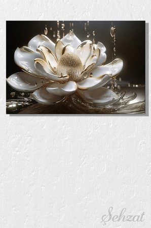 Yatay Tekli Kanvas Duvar Tablosu Salon Mutfak Yatak Odası Ofis Altın Damlalı Beyaz Çiçek Lotus 3D