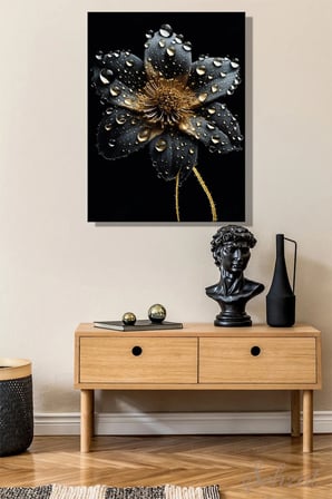 Şehzat Kanvas Tablo Çiçek Su Damlalı Siyah 20 x 30 cm