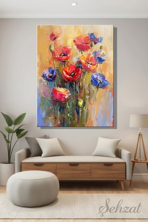Duvar Tablosu Dikey Kanvas Tekli Salon Mutfak Yatak Odası Ofis Floral Çiçek Yağlı Boya Efekt Renkli