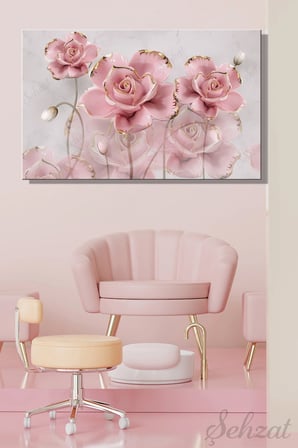 Yatay Tekli Kanvas Duvar Tablosu Modern Salon Mutfak Yatak Odası Ofis 3D Pembe Gold Çiçek Gül