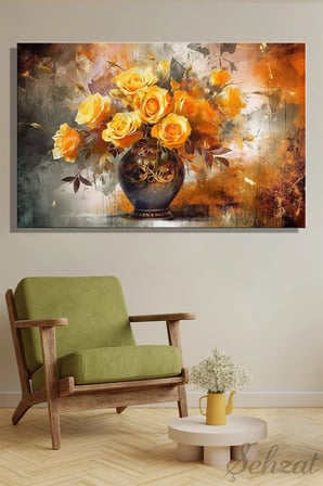 Şehzat Yatay Tekli Kanvas Tablo 20x30 cm Soyut Vazo Sarı Güller