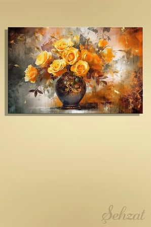 Şehzat Yatay Tekli Kanvas Tablo 20x30 cm Soyut Vazo Sarı Güller