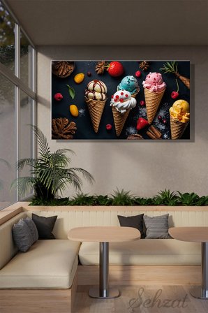 Panoramik Yatay Kanvas Duvar Tablosu Tekli Kafe Pastane Restoran Dondurma Yaz Külah Karamel İş