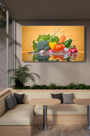 Panoramik Yatay Kanvas Duvar Tablosu Tekli Lokanta Restoran Mutfak Vejetaryen Renkli Sebze İş