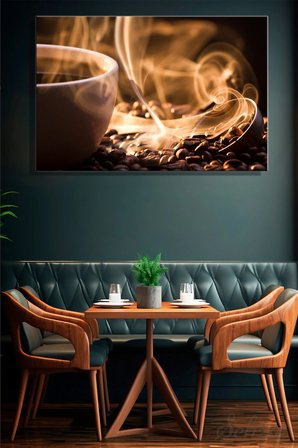 Yatay Tekli Kanvas Duvar Tablosu Modern Lokanta Kafe Restoran Mutfak Kahve Çekirdeği Duman İş