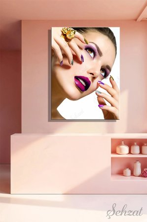 Dikey Tekli Kanvas Duvar Tablosu Modern Kuaför Güzellik Salonu Makyaj Oje Manikür Kozmetik İş