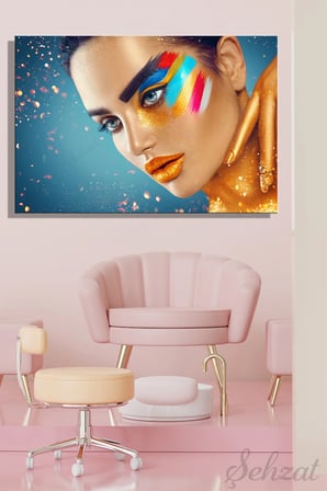 Dikey Tekli Kanvas Duvar Tablosu Modern Kuaför Güzellik Salonu Kozmetik Makyaj Renk Gold İş