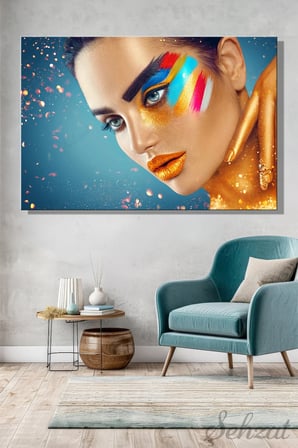 Dikey Tekli Kanvas Duvar Tablosu Modern Kuaför Güzellik Salonu Kozmetik Makyaj Renk Gold İş
