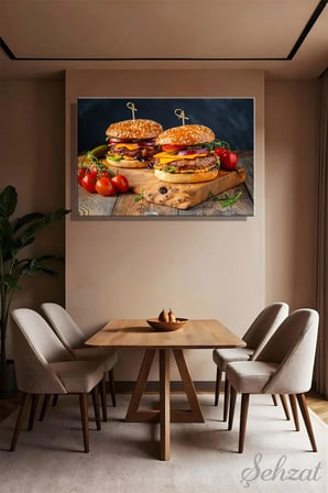 Yatay Tekli Kanvas Duvar Tablosu Modern Lokanta Kafe Restoran Mutfak Hamburger Köfte Fast Food İş