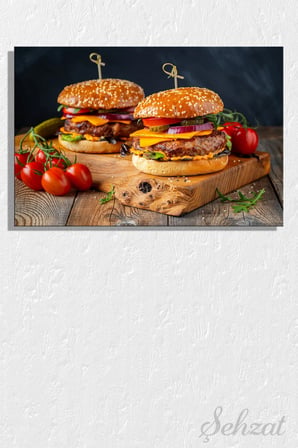 Yatay Tekli Kanvas Duvar Tablosu Modern Lokanta Kafe Restoran Mutfak Hamburger Köfte Fast Food İş