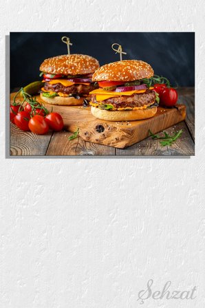 Yatay Tekli Kanvas Duvar Tablosu Modern Lokanta Kafe Restoran Mutfak Hamburger Köfte Fast Food İş