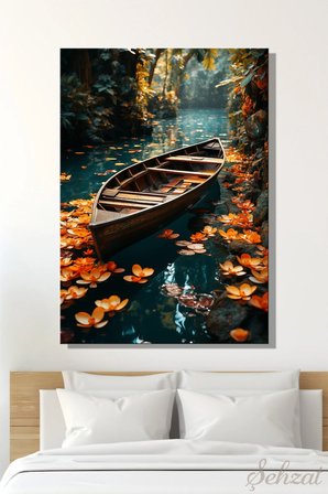 Dikey Tekli Kanvas Duvar Tablosu Modern Salon Yatak Odası Ofis Lotus Zambak Kayık Manzara Çiçek