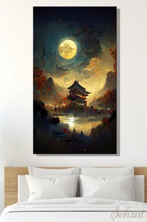 Duvar Tablosu Panoramik Dikey Kanvas Tekli Salon Yatak Odası Ofis Sonbahar Dolunay Japon Tapınak