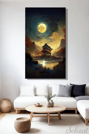 Duvar Tablosu Panoramik Dikey Kanvas Tekli Salon Yatak Odası Ofis Sonbahar Dolunay Japon Tapınak