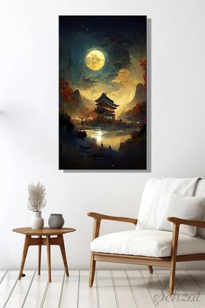 Duvar Tablosu Panoramik Dikey Kanvas Tekli Salon Yatak Odası Ofis Sonbahar Dolunay Japon Tapınak