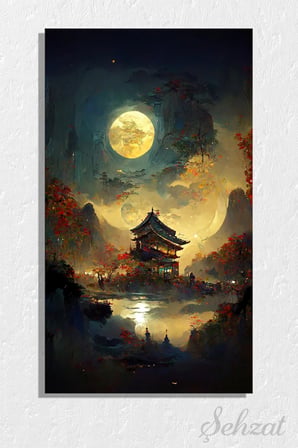 Duvar Tablosu Panoramik Dikey Kanvas Tekli Salon Yatak Odası Ofis Sonbahar Dolunay Japon Tapınak