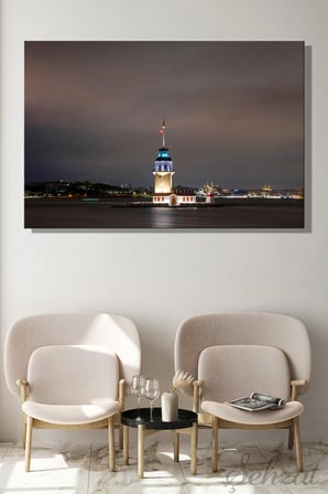 Yatay Tekli Kanvas Duvar Tablosu Modern Salon Yatak Odası Ofis İstanbul Kız Kulesi Gece Manzara