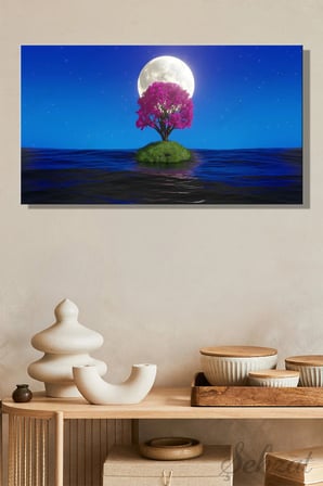 Duvar Tablosu Panoramik Yatay Kanvas Tekli Salon Yatak Odası Ofis Gece Ay Işığı Sakura Manzara