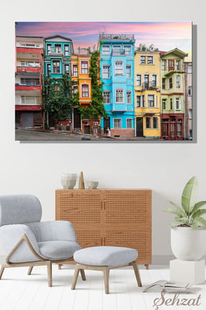 Yatay Tekli Kanvas Duvar Tablosu Modern Salon Mutfak Yatak Odası Ofis İstanbul Balat Evleri Sokak