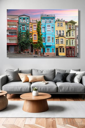 Yatay Tekli Kanvas Duvar Tablosu Modern Salon Mutfak Yatak Odası Ofis İstanbul Balat Evleri Sokak