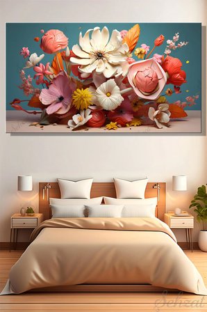 Yatay Tekli Kanvas Duvar Tablosu Modern Salon Yatak Odası Ofis 3D Arajman Pembe Beyaz Sarı Çiçek