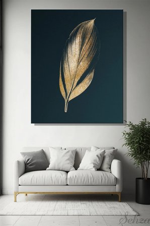 Dikey Kanvas Duvar Tablosu Tekli Salon Mutfak Yatak Odası Ofis Soyut Gold Efektli Kuş Tüyü Yaprak