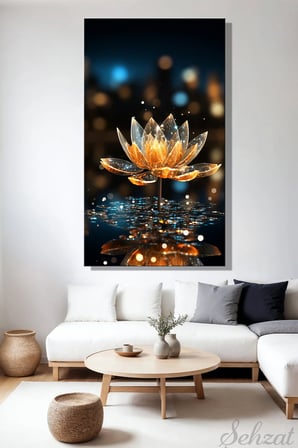 Kanvas Duvar Tablosu Panoramik Dikey Tekli Salo Yatak Odası Ofis Cam Gold Parlak Lotus Çiçeği