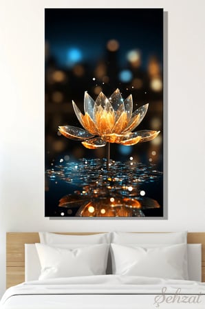 Kanvas Duvar Tablosu Panoramik Dikey Tekli Salo Yatak Odası Ofis Cam Gold Parlak Lotus Çiçeği