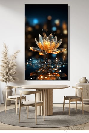 Kanvas Duvar Tablosu Panoramik Dikey Tekli Salo Yatak Odası Ofis Cam Gold Parlak Lotus Çiçeği