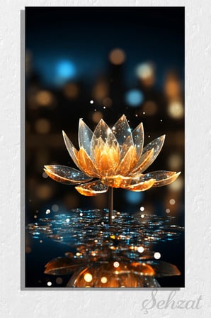 Kanvas Duvar Tablosu Panoramik Dikey Tekli Salo Yatak Odası Ofis Cam Gold Parlak Lotus Çiçeği