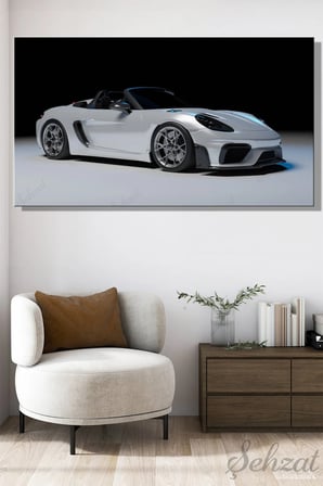 Panoramik Yatay Tekli Kanvas Duvar Tablosu Salon Yatak Odası Ofis 3D Cabrio Beyaz Spor Araba Hız