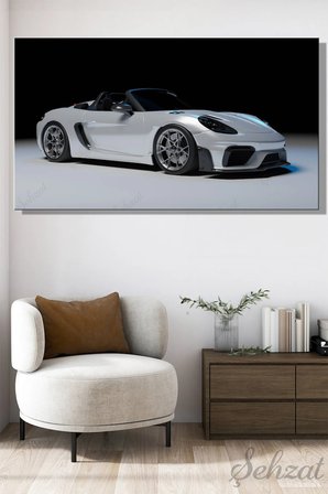 Panoramik Yatay Tekli Kanvas Duvar Tablosu Salon Yatak Odası Ofis 3D Cabrio Beyaz Spor Araba Hız