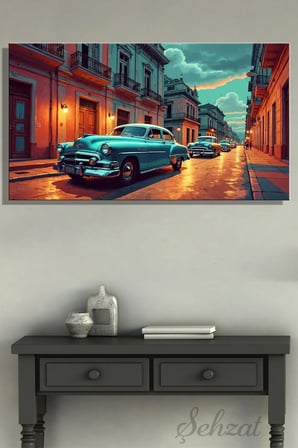 Duvar Tablosu Panoramik Yatay Kanvas Tekli Salon Ofis Klasik Vintage Araba Renk Havana Sokağı