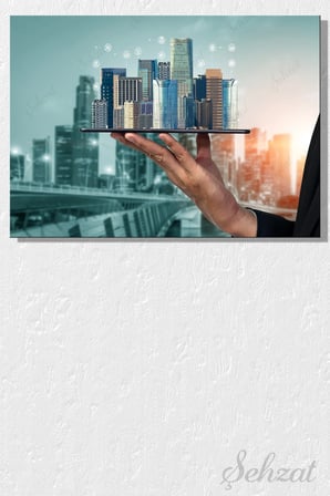 Yatay Kanvas Duvar Tablosu Tekli Ofis 5G İnternet Gelecek Dijital Dönüşüm Ağ Akıllı Şehir Bina
