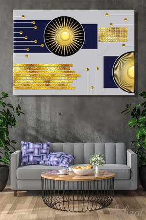 Yatay Kanvas Duvar Tablosu Tekli Salon Yatak Odası Ofis Kafe Altın Halkalar Güneş Geometrik Soyut