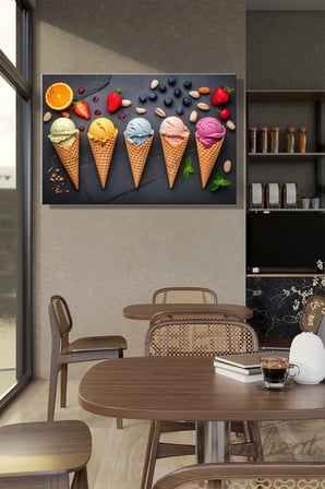 Yatay Tekli Kanvas Duvar Tablosu Modern Pastane Kafe Restoran Mutfak Kornet Meyveli Külah Dondurma